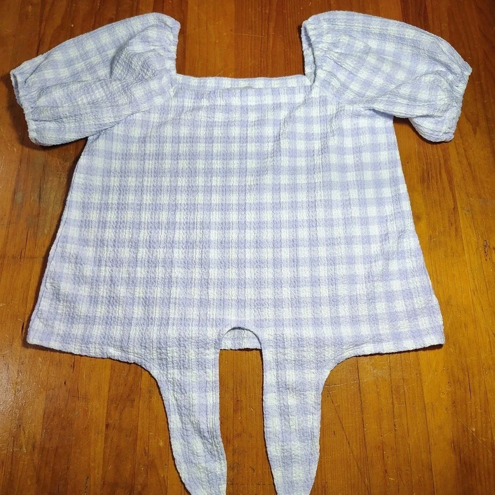 LOFT Women Square Neck Gingham Puff Sleeve Tie Front Top S farmhouse